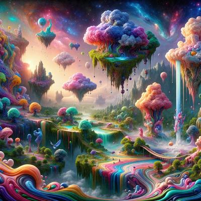 The primary subject of the image is a vibrant and colorful landscape featuring a variety of objects and elements. The setting is a lush, colorful forest with a waterfall, and the visual style is a combination of digital art and illustration. The colors and mood of the image are predominantly bright, cheerful, and whimsical.